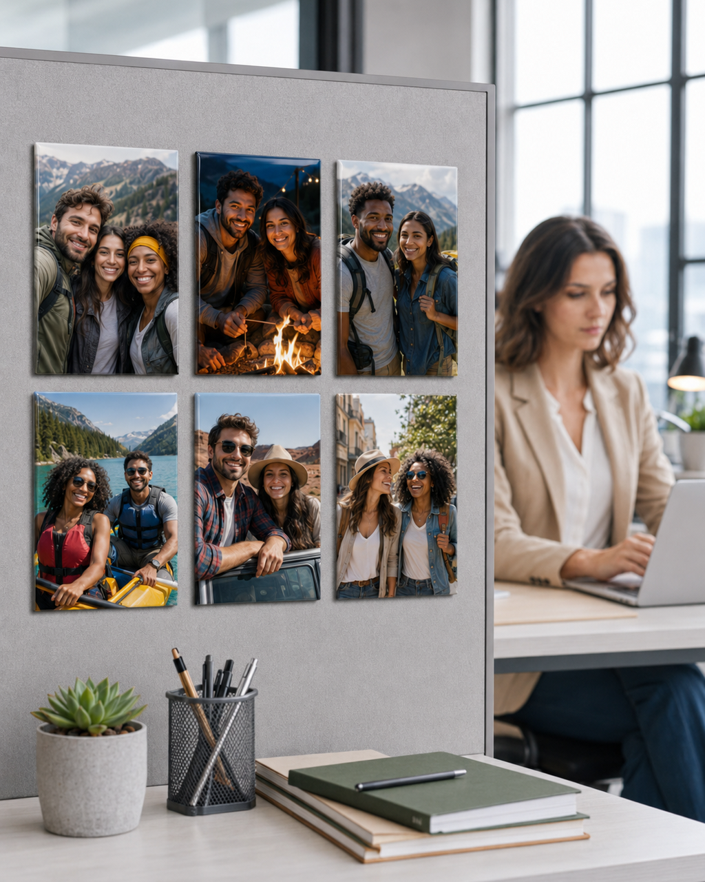 Magnet collage of people in various settings on a wall above a desk with a woman using a laptop.