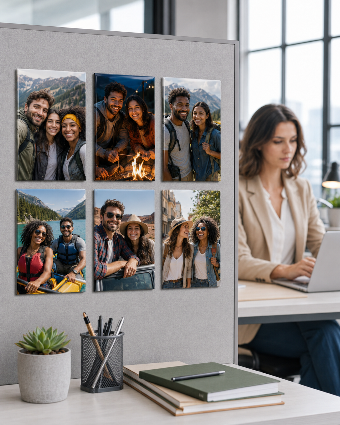 Magnet collage of people in various settings on a wall above a desk with a woman using a laptop.