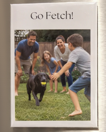 Set of four refrigerator magnets featuring images of a family with a black dog.
