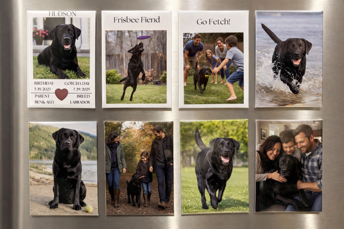 Collection of photo magnets of a black dog with various poses and settings.