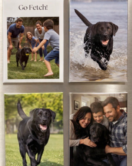 Collection of photo magnets of a black dog with various poses and settings.