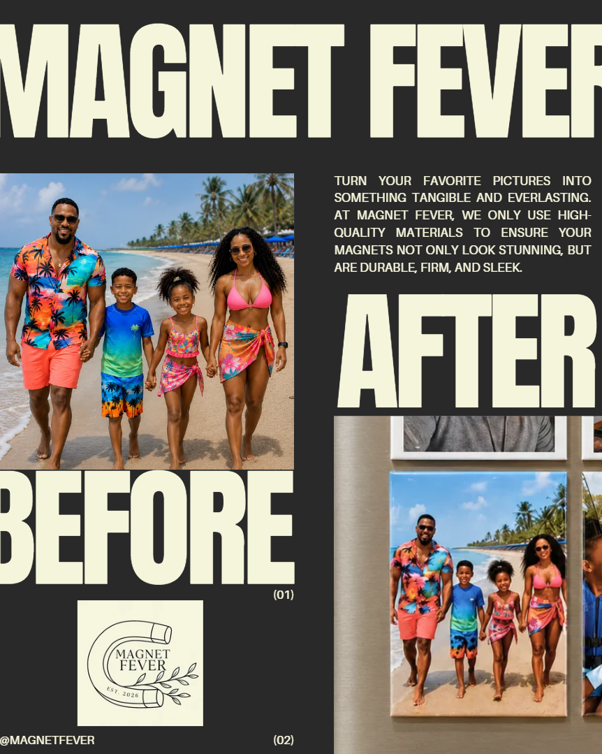 Advertisement for Magnet Fever showing a family on a beach with text and brand logo.