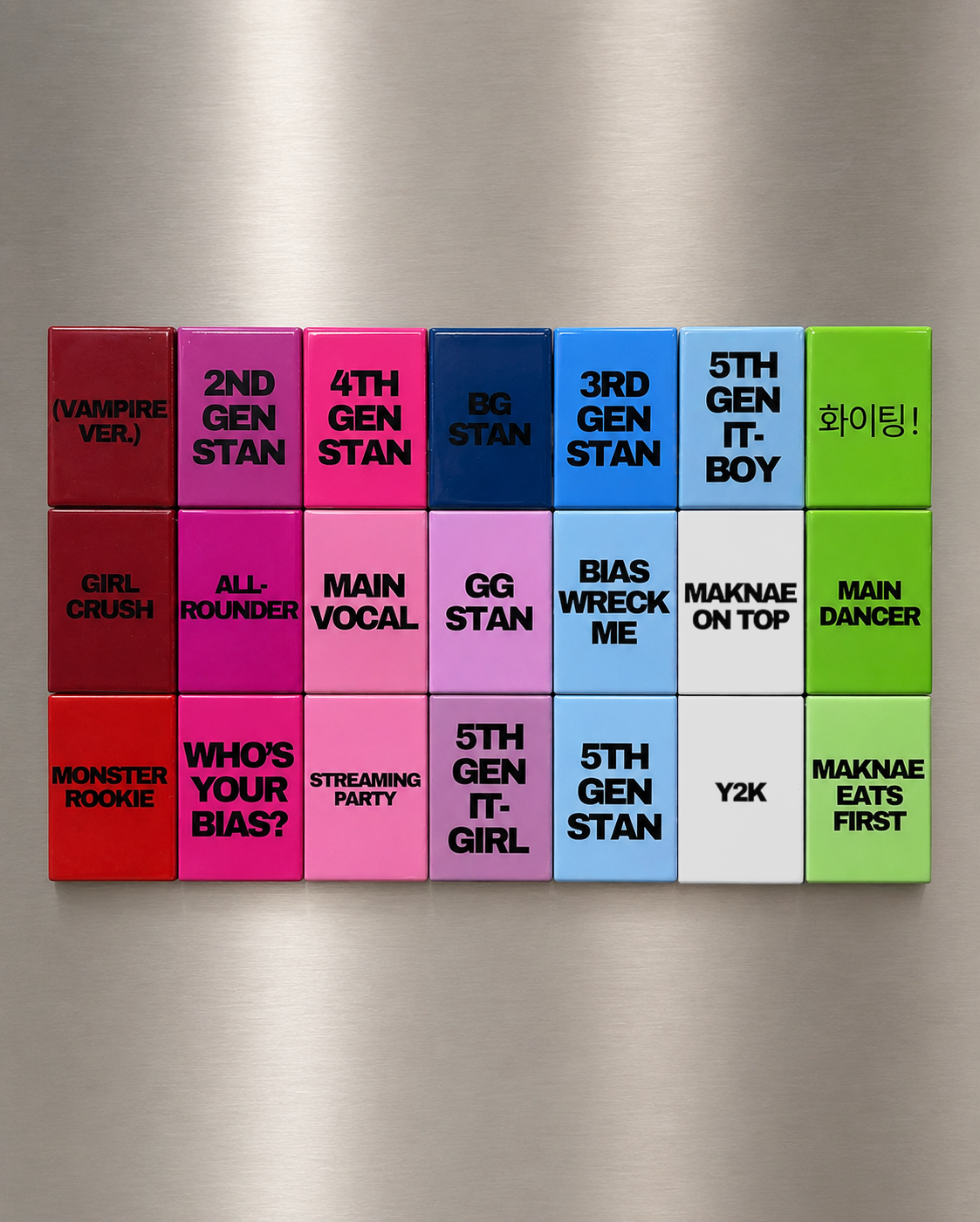 Colorful magnets on a metallic surface with various text labels.
