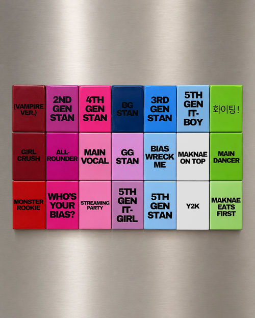 Colorful magnets on a metallic surface with various text labels.
