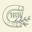 Logo for 'Magnet Fever' with a stylized magnet and branch on a beige background