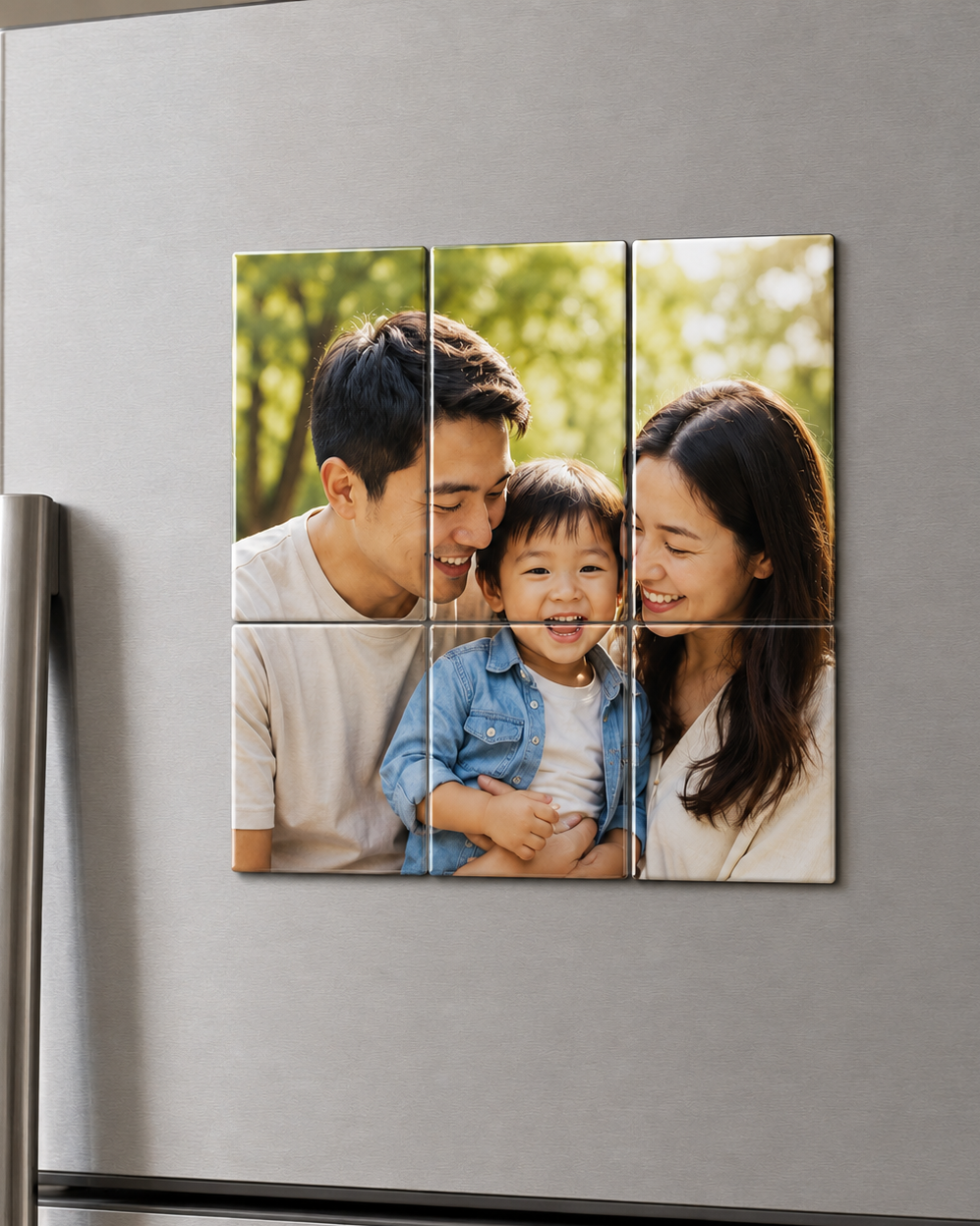 Family photo mosaic on a refrigerator door
