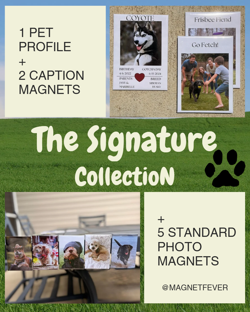 Promotional graphic for 'The Signature Collection' pet memorabilia with photos and text.