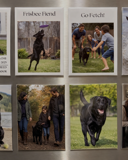 Collection of photo magnets of a black dog with various poses and settings.